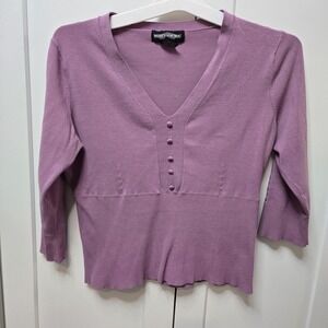World Republic Silk Blend Top Womens Large Pink V Neck Button Front Knit 3/4...